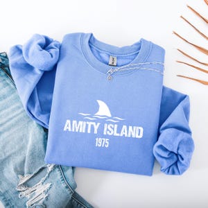 Jaws Amity Island 1975 Sweatshirt, Retro Shark Movie Pullover, Vintage Summer Beach Crewneck, Bruce the Shark Universal Gift