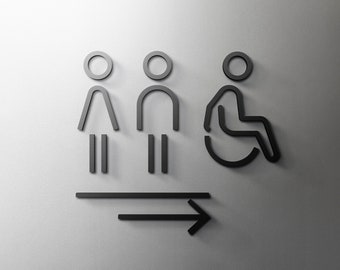 Male, Female & Disabled Bathroom Corner Sign - 3mm Acrylic Restroom, 3D, Toilet, Minimal, Restaurant, Hotel Door Sign - Self Adhesive