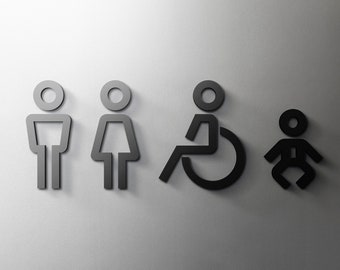 Hombre, Mujer, Discapacitado y Bebé - Letrero de baño WC - Baño acrílico de 3 mm, 3D, Inodoro, Mínimo, Restaurante, Letrero de puerta de hotel - Autoadhesivo