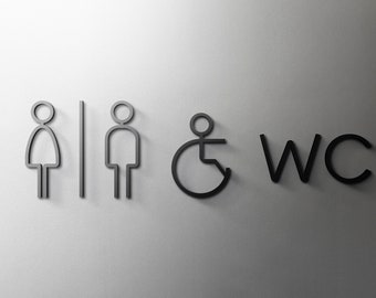 Male, Female & Disabled WC Bathroom Sign - 3mm Acrylic Restroom, 3D, Toilet, Modern, Minimal, Restaurant, Hotel Door Sign - Self Adhesive
