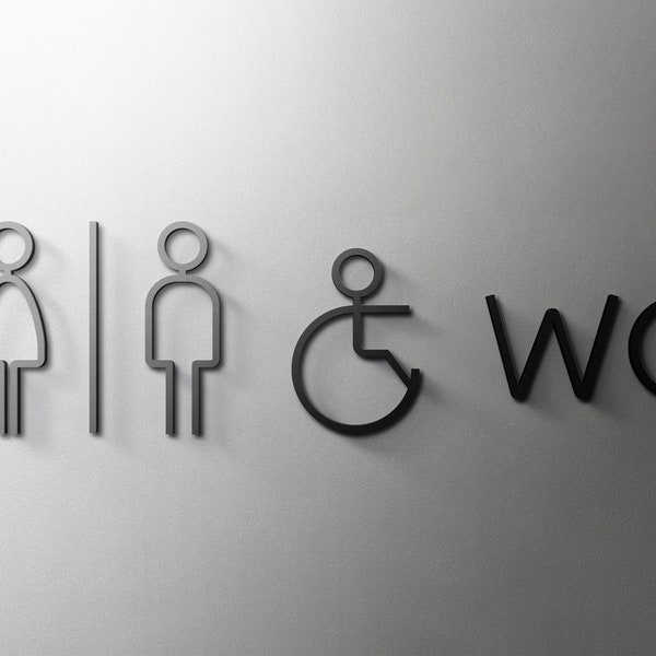 Male, Female & Disabled WC Bathroom Sign - 3mm Acrylic Restroom, 3D, Toilet, Modern, Minimal, Restaurant, Hotel Door Sign - Self Adhesive