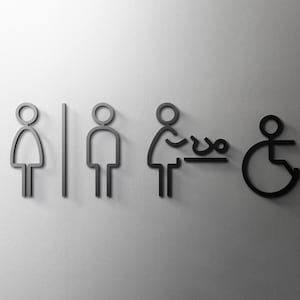 May include: Black and white restroom signs on a white wall. The signs indicate a women's restroom, a men's restroom, a family restroom, and an accessible restroom.