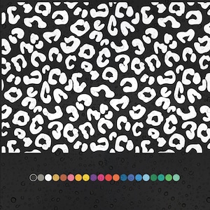 May include: A black and white leopard print pattern with white spots on a black background. The pattern is repeated seamlessly. The background is covered in small white dots, resembling water droplets.