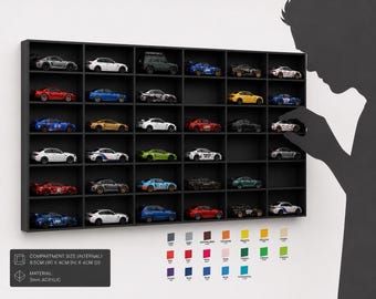 Wall Mounted 1:64 Scale Die-Cast Car Display Case | 30 Slot Acrylic Storage Shelf | Collector Display