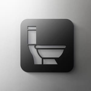 Pode incluir: Um sinal quadrado preto com um ícone de banheiro branco. O sinal é para um banheiro.