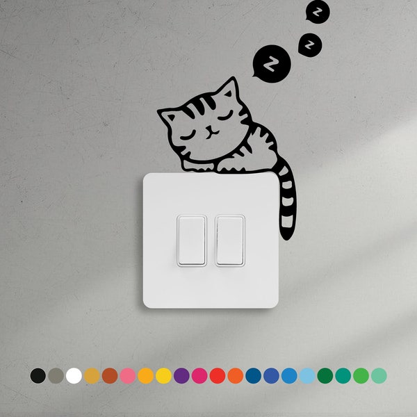 Cat Sleeping - Light Switch Stickers Wall Decor Window Cat Colour Vinyl Laptop Pet, 9cm Switch