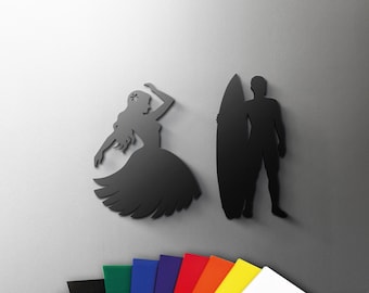 Hawaii Male and Female Sign - 3mm Acrylic Restroom,  Surfer Hula Toilet, Modern, Restaurant, Hotel Door Sign - Self Adhesive