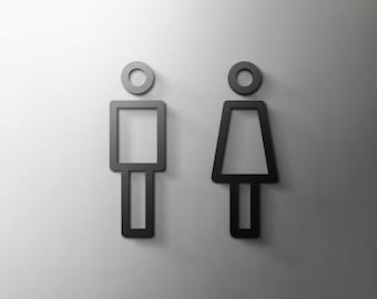 May include: Black and white outline icons of a person with a circle for a head and a skirt or pants, representing a restroom sign.