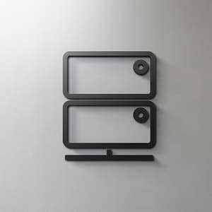 Può includere: Un'illustrazione in bianco e nero di un rack server con due scomparti e un piccolo cerchio su ogni scomparto.