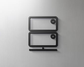 Puede incluir: Una ilustración en blanco y negro de un rack de servidor con dos compartimentos y un pequeño círculo en cada compartimento.