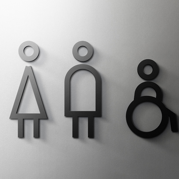 Male, Female & Disabled Bathroom Corner Sign - 3mm Acrylic Restroom, 3D, Toilet, Minimal, Restaurant, Hotel Door Sign - Self Adhesive