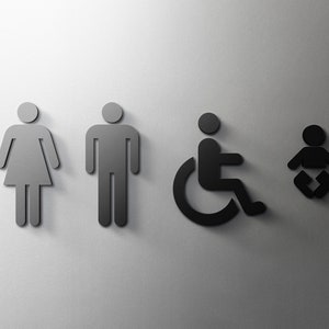 Male, Female, Disabled and Baby Bathroom Sign - 3mm Acrylic Restroom, Toilet, Minimal, Restaurant, Hotel Door Sign - Self Adhesive