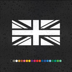 May include: A white Union Jack flag sticker with a black background. The sticker is on a textured surface that looks like glass with water droplets.
