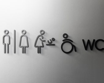 Hombre, Mujer, Cambio de bebé y WC para discapacitados Signo de baño - Acrílico de 3 mm, 3D, Inodoro, Moderno, Mínimo, Restaurante, Puerta del hotel - Autoadhesivo