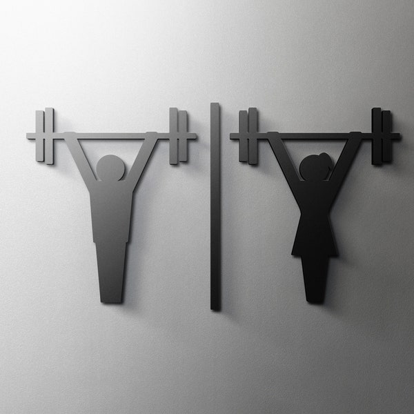 Male and Female Gym Bathroom Sign - 3mm Acrylic Restroom, 3D, Toilet, Modern, Minimal, Weightlifting, Sport Door Sign - Self Adhesive