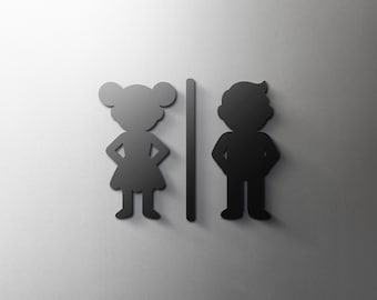 Male & Female Kids Toilet Sign - 3mm Acrylic, 3D, Bathroom, Modern, Minimal, Restaurant, Hotel Door Sign - Self Adhesive