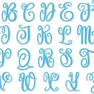 May include: A complete alphabet in a light blue, cursive font. Each letter is displayed individually, from A to Z, with decorative swirls and flourishes. The letters are evenly spaced against a white background.