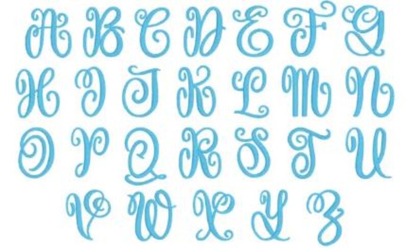 May include: A complete alphabet in a light blue, cursive font. Each letter is displayed individually, from A to Z, with decorative swirls and flourishes. The letters are evenly spaced against a white background.