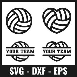 Puede incluir: Gráficos en blanco y negro con temática de voleibol. Incluye un voleibol, un voleibol en forma de corazón y dos diseños con el texto "YOUR TEAM". La parte inferior de la imagen muestra "SVG - DXF - EPS".