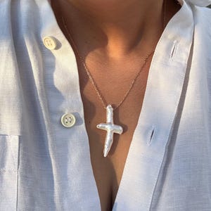 14k Gold filled pearl cross necklace, Tarnish free and Waterproof, Handmade necklace, Baroque Pearl Cross Necklace, Pearl Necklace