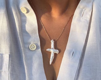 14k Gold filled pearl cross necklace, Tarnish free and Waterproof, Handmade necklace, Baroque Pearl Cross Necklace, Pearl Necklace