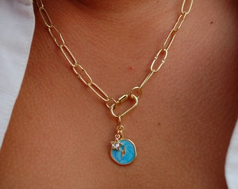 Gold filled handmade necklace waterproof & tarnish free : paper clip chain with blue coin charm and tiny star on carabiner