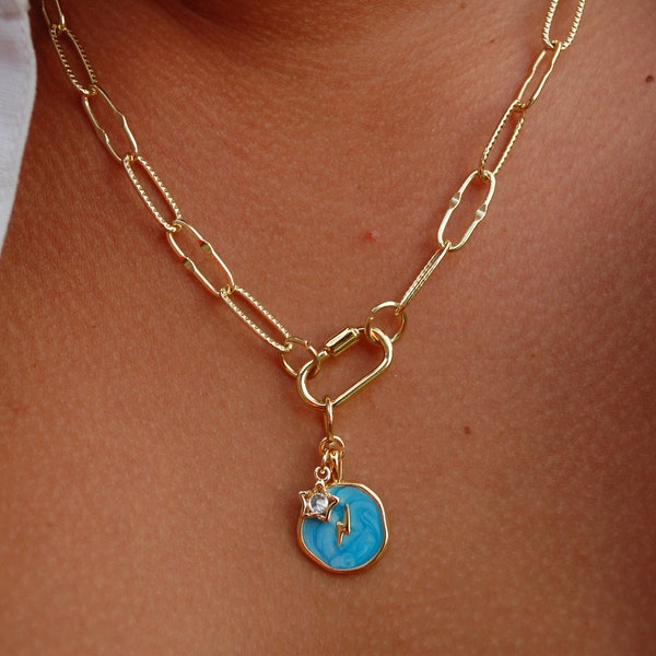 Gold Filled Paperclip Chain Necklace: Blue Coin & Star Charm