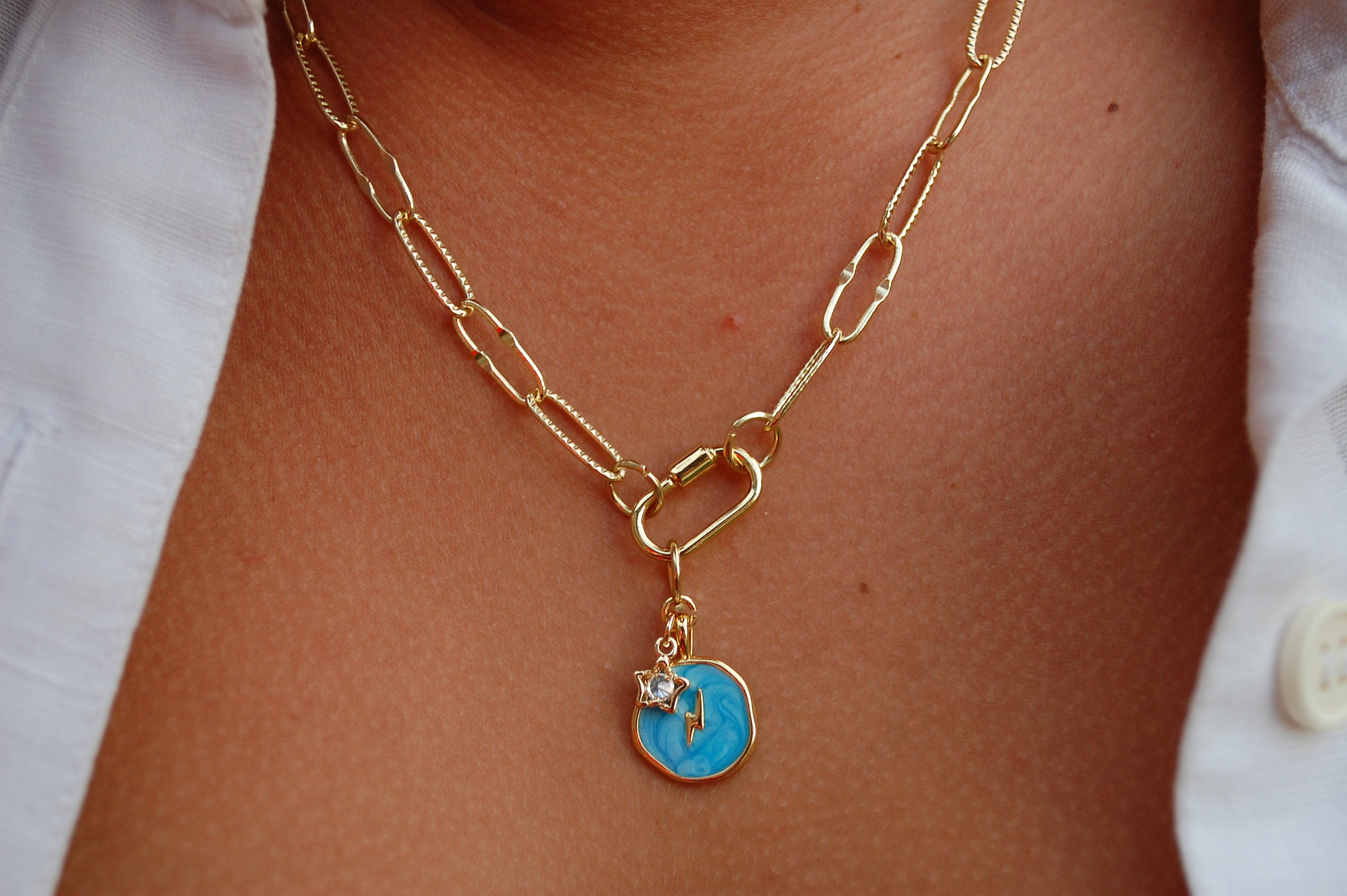 Gold Filled Handmade Necklace Waterproof & Tarnish Free Carabiner On  Paperclip With Blue Lighting Bolt Medallion - Yahoo Shopping
