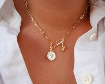 Collar hecho a mano lleno de oro impermeable y libre de deslustre: signo de la paz clip corazón cadena con cuentas pin