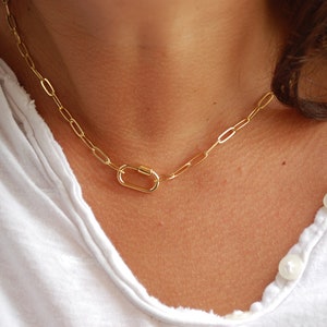 18k Gold filled handmade necklace waterproof & tarnish free : gold carabiner clap paperclip chain image 1