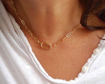 18k Gold filled handmade necklace waterproof & tarnish free : gold carabiner clap paperclip chain