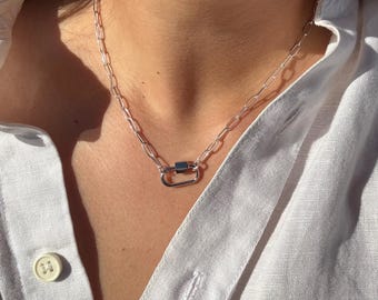Collar de cadena con clip de papel de plata esterlina hecho a mano: cierre de mosquetón