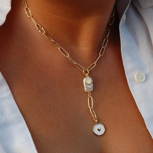 Gold filled handmade necklace waterproof & tarnish free : long double chain pearl shell heart necklace