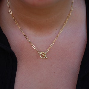 Gold filled handmade necklace waterproof and tarnish free : adjustable paperclip chain with toggle clasp, everyday necklance, stylish
