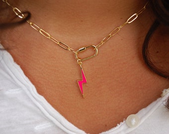 Gold filled handmade necklace waterproof & tarnish free :carabiner on paperclip chain with pink big lightning bolt