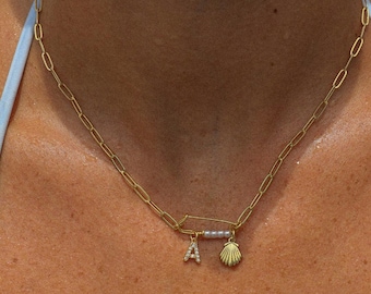 Gold filled handmade necklace waterproof & tarnish free : personalized initial Shell charm necklace with beaded paper clip