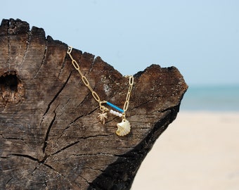 18k Gold filled handmade necklace waterproof & tarnish free : gold pearl pin clap paperclip chain palm tree blue beads