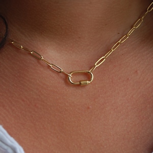 18k Gold filled handmade necklace waterproof & tarnish free : gold carabiner clap paperclip chain image 2