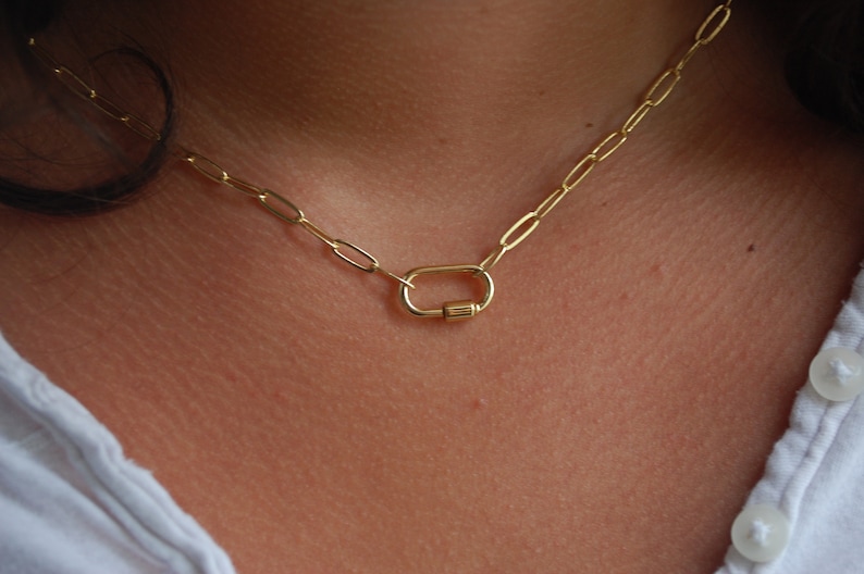 18k Gold filled handmade necklace waterproof & tarnish free : gold carabiner clap paperclip chain image 2