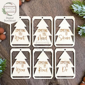 Étiquette de cadeau de Noël SVG, envie, porter, besoin, lire, fichier numérique, étiquettes pour cadeaux, ornements SVG, Glowforge, découpeur laser, téléchargement numérique