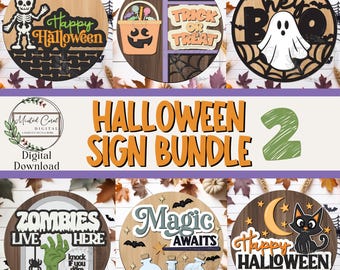 May include: A selection of Halloween wooden signs with various designs. These include a skeleton, a jack-o'-lantern bucket, a ghost, and a black cat. The signs feature phrases such as "Happy Halloween" and "Trick or Treat."