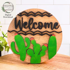 ウェルカムサボテンSVG、デジタルファイル、ウェルカムサイン、丸いサイン、多肉植物、サボテン、砂漠、Glowforge、レーザーカット、ダウンロード、南西部