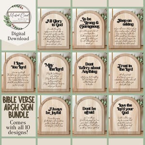 May include: A digital download bundle of ten Bible verse arch signs. Each sign features a wooden arch design with a different inspirational quote in black text. The signs include phrases like "All Glory to God" and "Love the Lord your God."
