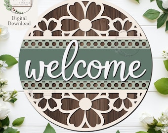 Vårvälkomstskylt SVG, digital nedladdning, blommig dörrhängare, Glowforge, laserskuren fil