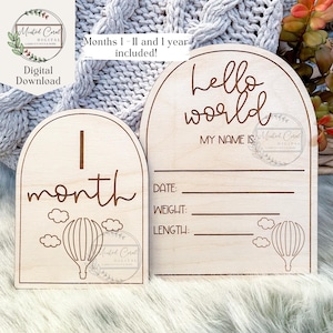Maandelijkse mijlpaalmarkeringen baby's SVG, heteluchtballon, Hello World, geboortestatistieken, fotorekwisiet, digitaal bestand, Glowforge, lasergesneden, download