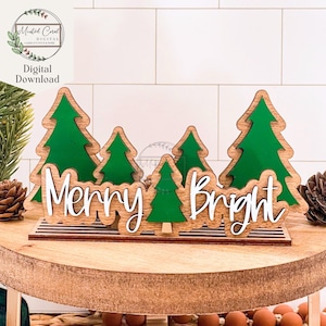 Standing Merry and Bright SVG, Digital File, Standing Christmas Sign, Shelf Sitter, Pine Tree, Evergreens, Glowforge, Laser Cutter, Download