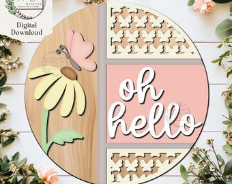 Butterfly Daisy Sign SVG, Digital Download, Spring Floral Door Hanger, Glowforge, Laser Cut File