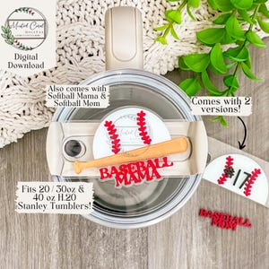 May include: A stainless steel tumbler with a red and white baseball design. The tumbler is 20, 30, or 40 ounces and fits Stanley tumblers. The image also includes a red and white baseball with a black number 17 and the text "Baseball Mama" and "Baseball Mom".