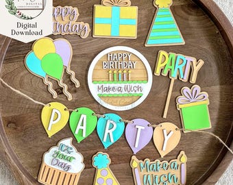 May include: A set of wooden birthday party decorations with a pastel color scheme. The decorations include a banner that says "PARTY", a cupcake with the text "It's Your Day", a gift box, a party hat, balloons, and a sign that says "Happy Birthday Make a Wish".