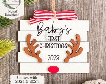 Baby&#39;s First Christmas Ornament SVG, Digital File, Reindeer, Antlers, Easy Cut, Glowforge, Laser Cutter, Download, Rudolph, Personalized